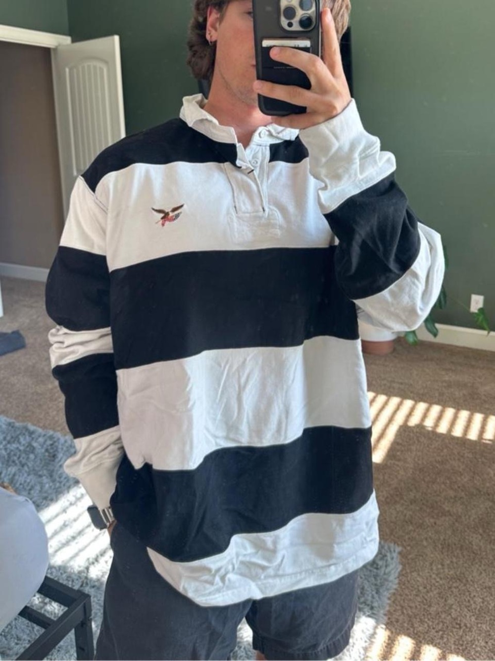 Nautica Men’s Black and White Striped Rugby Polo